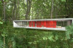 an artist's rendering of a house in the woods with red doors and windows