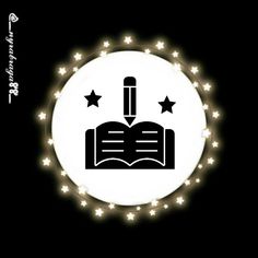 a white circle with stars around it that has a book and pen in the middle