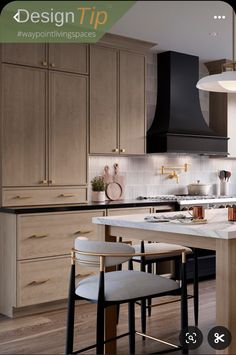 an image of a kitchen setting with stools and counter tops in front of the island