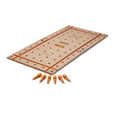 the wooden board has four orange screws on it