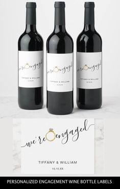 three bottles of wine are shown with the label for their winery, we're engaged