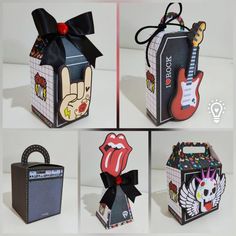 four different images of an open box with the tongue, lips and guitar on it