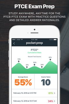 the pocket prep app on an iphone with text reading, exam prep and percentages