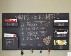 a chalk board with different types of food and menus on it that says what's for dinner?