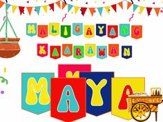 an image of happy may day greetings with colorful flags and bunting on white background