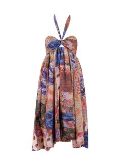 This enchanting silk Zimmermann dress showcases a vibrant patch paisley print, complemented by a sleeveless design and an adjustable bow detail for a personalized fit. The asymmetric bottom adds an artistic flair, perfect for making a statement at special events.

- Composition: 100% silk  
- Back zip closure  
- Available in standard numeric sizes Halter Maxi Dress, Zimmermann Dress, Halter Maxi, Halter Maxi Dresses, Bow Detail, Paisley Print, Silk Dress, Special Events, Blouses For Women