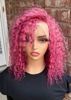 "customed colored by dalandra           colored when order is placed name - fresh air brazil curly 180 % density color - fuchsia & blonde ombre mannequin is wearing 12\" cap size 22.5 (medium) fits most adjustable straps security strap band (inside) combs please note: with blonde curly hair - apply moisturizer as needed :)" Pink Bob Wig, Wig Cute, Pink Bob, Blond Ombre, Blonde Curly Hair, Human Wigs, Pink Wig, Color Fuchsia, Fuchsia Color