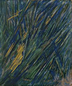 an abstract painting of green grass with yellow and blue streaks on the bottom right corner