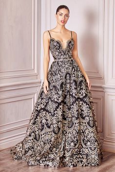 CM8075 Gold-Black Prom Dress Gold, Classy Wear, Cinderella Divine, Stunning Prom Dresses, Printed Gowns, Designer Prom Dresses, Glitter Print, Beaded Belt, Sweetheart Dress