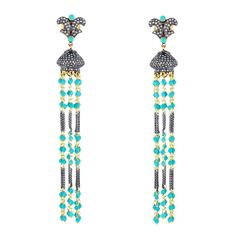 These tassel earrings are handmade in 18-karat gold & sterling silver. It is set in 9.68 carats turquoise and 2.52 carats of diamonds in blackened finish. FOLLOW MEGHNA JEWELS storefront to view the latest collection & exclusive pieces. Meghna Jewels is proudly rated as a Top Seller on 1stDibs with 5 star customer reviews. All items manufactured by us are handmade and can be customized or redesigned. Composition Size-94X13 MM Total Weight-15.9 Gold Weight(Gms)-5.64 Silver Weight(Gms)-7.82 Diamon Diamond Theme, Sparkly Jewelry, Tassel Jewelry, Dream Jewelry, Turquoise Earrings, Turquoise Gemstone, Silver Diamonds, Tassel Earrings, Chains Jewelry