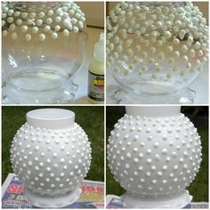 four different pictures of white vases with pearls on the top, bottom and bottom