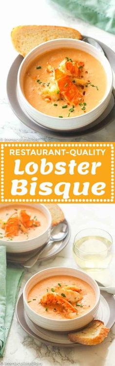 two bowls of lobster bisque with bread on the side and an orange sign that says restaurant quality lobster bisque