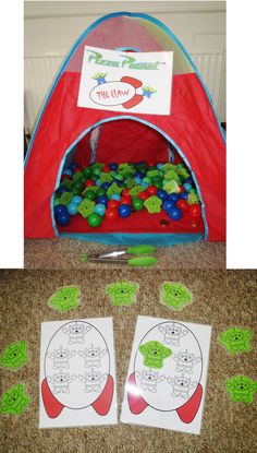 there is a red tent with green and blue balls in it, next to two pictures of