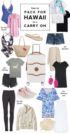 many different types of clothing and accessories are shown in this image with the words packing for hawaii carry on