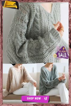 Style Apricot V Neck Chunky Oversized Ma Hai Mao Knitted Tops Spring Hand Knitted Sweaters For Women, Knit Sweaters, Knitwear Fashion, Knitted Tops, Knit Stitch Patterns, Hand Knitted Sweaters, Knit Stitch, Grey Green, Knit Fashion