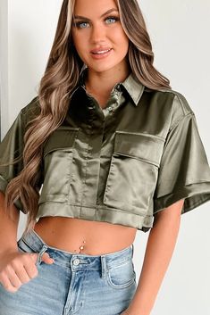 Mind Your Own Business Satin Crop Button-Down Top (Olive) · NanaMacs Green Tops With Pockets, Green Blouse With Pockets For Fall, Green Fall Blouse With Pockets, Green Button-up Tops With Pockets, Khaki Button-up Blouse With Pockets, Solid Utility Top With Button Closure, Khaki Short Sleeve Utility Top, Olive Military Style Tops For Fall, Khaki Short Sleeve Blouse With Pockets