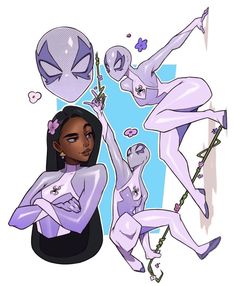 an illustration of two women dressed in purple and one is holding up a spider man