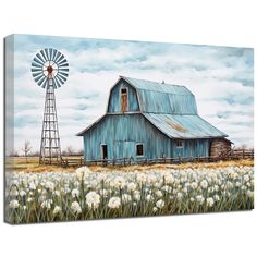 a painting of a blue barn with a windmill in the background and white flowers on the foreground