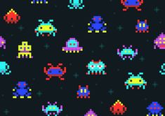 an old school video game pattern with different colored pixeles and shapes on a black background