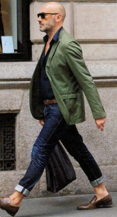 Green navy and denim Old Man Fashion, Bald Men Style, Older Mens Fashion, Herren Style, Bald Man, Khaki Jacket, Bald Men, Sharp Dressed Man