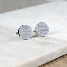 Beautiful stainless steel cufflinks carefully designed, engraved and individually polished. Cufflinks are a popular choice for wedding attire, the sleek design of the cufflinks adds a touch of elegance to any suit, and they can be easily paired with other accessories.  Each cufflink has a shiny polished finish giving a timeless and classic look, making them a perfect choice for your special day. Personalise with date and time to complete the design. Personalisation required * Date * Time * Durable and solid * Stainless steel * Carefully designed and engraved * Individually polished with a silver finish * Comes complete with a small cufflink case Size: 20mm Diameter HOW TO PERSONALISE * Each product has a personalisation box, please use this to enter what is required to complete your design Wedding Cuff Links, Wedding Roles, Groom Cufflinks, Engraved Cufflinks, Wedding Cuff, Wedding Cufflinks, Personalized Cufflinks, Engraved Wedding, Love You Dad