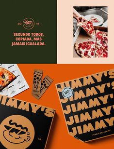 several different pizzas are shown on the same page, including one with an orange background