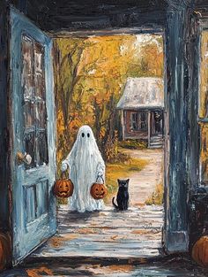 a painting of a halloween scene with a ghost and a black cat in front of an open door