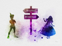 two children are standing next to a sign that says neverland and wonderland