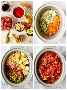 four pictures show different types of food in the same bowl, including carrots, peas, and tomatoes