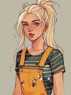 Blonde Girl Character Design, Blond Characters, Blonde Drawing, Wearing Overalls, Woman With Blonde Hair, Parallel Lines, Fashion Design Sketches, Nightingale, Cartoon Character Design