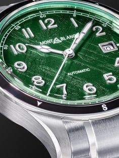 Montblanc's '1858 0 Oxygen' watch embodies the spirit of mountain exploration. Built for extreme conditions, this automatic reference has an oxygen-free stainless steel case, ensuring mechanical precision in frigid temperatures and high altitudes, and a tonal-green textured dial inspired by glacial patterns. The iridescent hands and numerals ensure legibility in low-light conditions. For warranty information, please refer to details & care Green Chronograph Watch With Tachymeter For Outdoor, Green Outdoor Chronograph Watch With Tachymeter, Green Outdoor Watch With Chronometer, Luxury Outdoor Watches With Chronometer, Tom Ford Bag, Green Watch, Latest Watches, Ceramic Watch, Rubber Watches