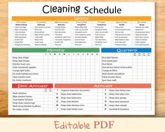 a cleaning schedule is shown on a wooden table