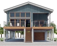 a two story house with an attached balcony and garage on the second floor, surrounded by palm trees