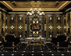 a living room filled with black and gold furniture