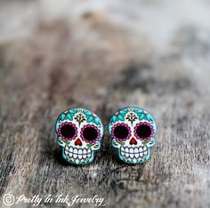 Sugar Skull Earrings, Skull Jewelry, Skull Earrings, Hand Drawn Design, Cute Earrings, Piercing Jewelry, Bling Bling, Cute Jewelry