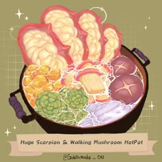 an illustration of a pan filled with different types of food