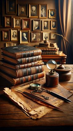 a stack of books sitting on top of a wooden table