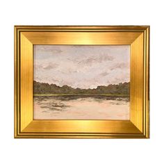 an oil painting of a lake with trees in the background