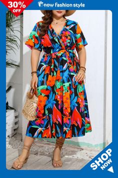 knowfashionstyle Casual Print Patchwork V Neck Plus Size Dresses Multicolor Short Sleeve Midi Dress, Non-stretch Multicolor Dress For Day Out, Multicolor Non-stretch Dress For Day Out, African Print Fashion Dresses, African Print Fashion, Wholesale Fashion, African Print, Fashion Prints, Plus Size Dresses