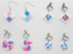 six pairs of earrings made out of perler beads