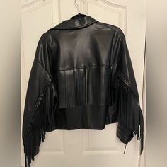 Size: S *Never Worn* Black Leather Outerwear With Fringe, Black Leather Fringe Outerwear, Black Leather Jacket With Fringe For Spring, Biker Style Fringe Outerwear For Fall, Fall Biker Leather Jacket With Fringe, Winter Biker Outerwear With Fringe, Black Fringed Leather Jacket For Fall, Zara Leather Jacket For Night Out, Chic Zara Leather Jacket For Night Out