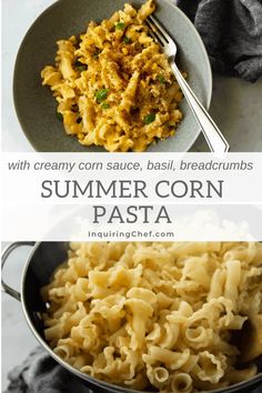 two pictures with different types of pasta in them and the words summer corn pasta on top