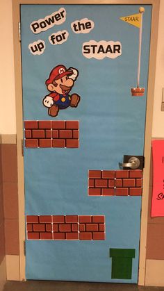 a door decorated to look like mario's power up for the star