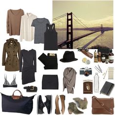 there are many different items that can be found in this travel collage with the golden gate bridge