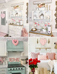 four pictures of different rooms with pink and white decor on the walls, including an old stove