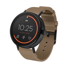 the fossil smart watch is shown in black and tan with an orange accent on the face