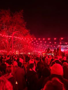 a large group of people standing in front of trees with red lights on them at night