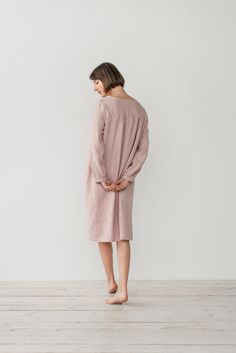 "MONA gather dress made from soft linen in dusty pink. - length is ± 107 cm (42\") (depends on size) - gathered front, back and sleeves - loose fit - without pockets DETAILS: - 100 % European, pre-washed medium weight linen (205 g/m²) - the model is 176 cm (5′9″) high, wearing size S. - model measurements: bust 83 cm (33\") / waist 61 cm (24\") / hips 90 cm (36\") - color in the picture - dusty pink (you can choose other color on the right) MADE TO ORDER: All pieces are made to order, it will ta Long Sleeve Relaxed Fit Dress For Lounging, Pink Long Sleeve Nightgown For Nighttime, Pink Long Sleeve Dresses For Night, Pink Long Sleeve Nightgown, Spring Long Sleeve Dresses For Home, Gather Dress, Nightgown Long, Linen Sleepwear, Pockets Details