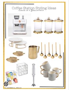 coffee station styling ideas for the kitchen and dining room with gold accents on white background