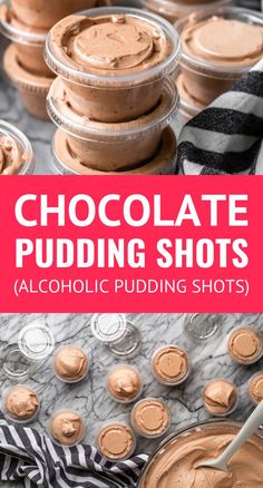 chocolate pudding shots with text overlay reading chocolate pudding shots alcoholic pudding shots